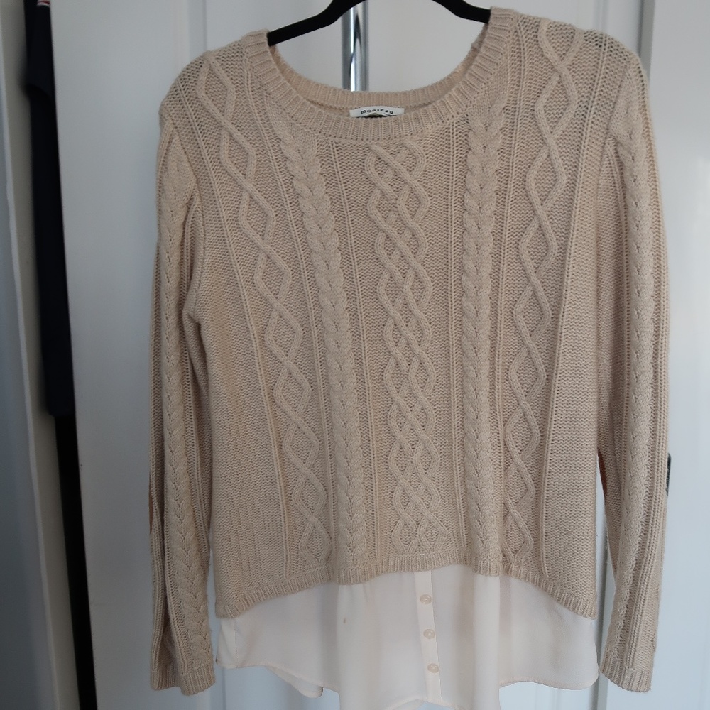 Monteau Los Angeles Cable Knit Pullover Sweater with Suede Elbow Patch